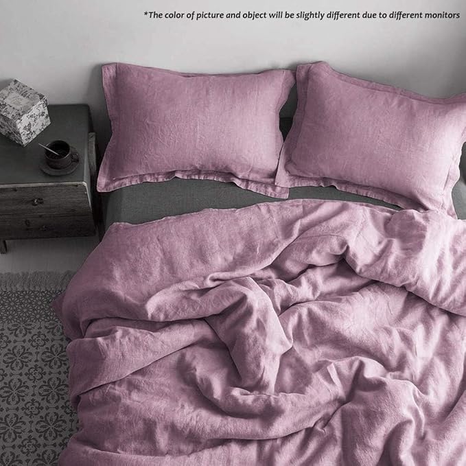 Simple&Opulence 100% French Flax Linen Duvet Cover Set with Embroidery Washed - 3 Pieces (1 Duvet Cover with 2 Pillow Shams) with Button Closure Soft Breathable Farmhouse - Purple, King Size