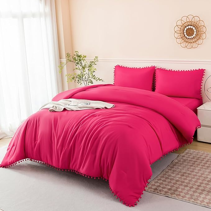 PERFEMET Hot Pink Bedding Full Set 5 Piece Bed in a Bag Boho Pom Pom Bedding Comforter Set with Sheets Soft Fluffy Solid Bed Sets for Girls Kids Women(Hot Pink, Full)