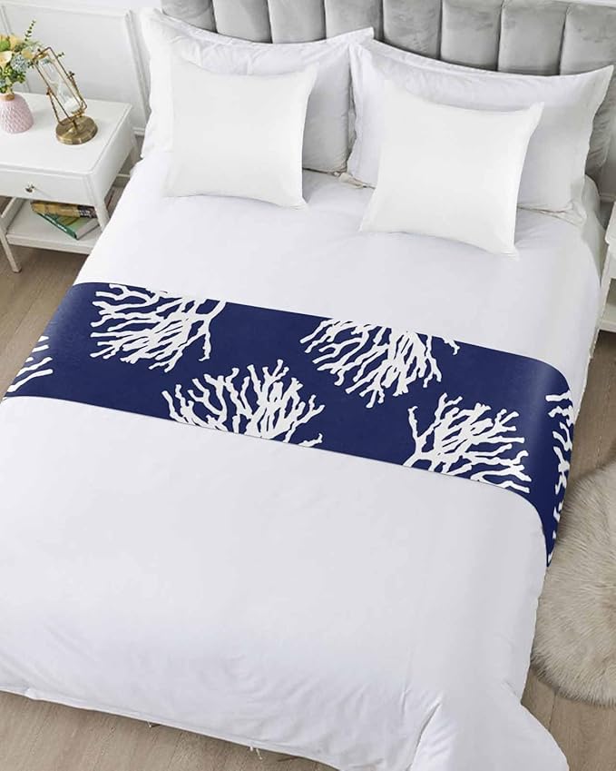 Coral Navy Blue Bed Runner Scarf for Queen Size Bed Foot, Decorative Bedding Accessory Stainproof & Dustproof Soft Protector For Bedroom Hotel Wedding Room Coastal Ocean Marine Nautical Beach 94"x20"