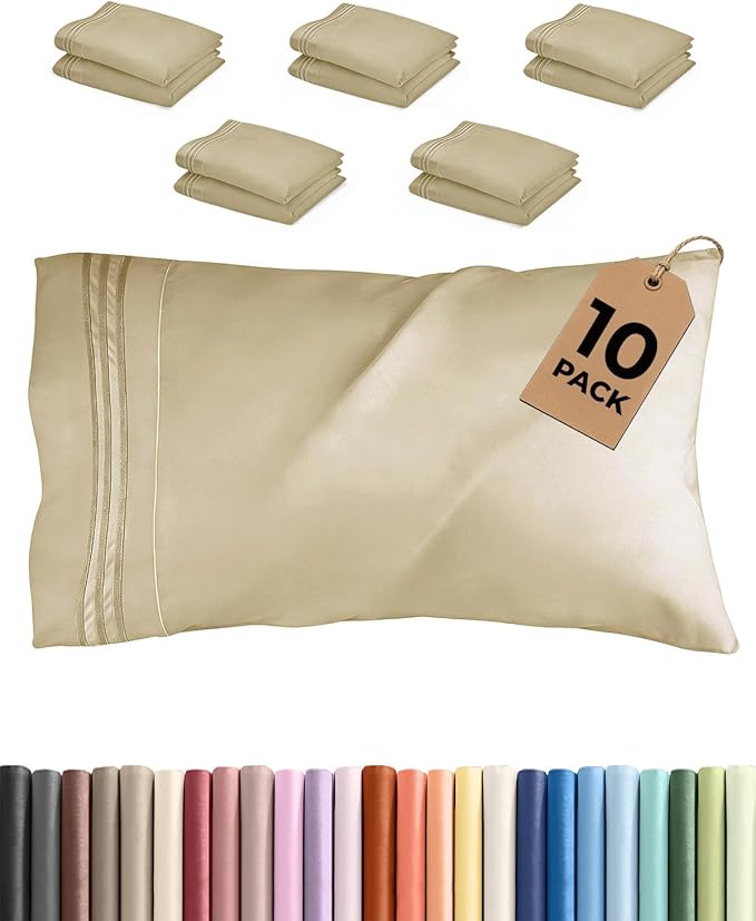 Queen Pillow Cases Set of 10 - Ultra Soft Hotel Quality Pillowcase Covers - Comfy & Wrinkle Free - Shrink, Stain and Fade Resistant - Easy-Care, Machine Washable Pillow Protectors - 10 Pcs Set - Beige