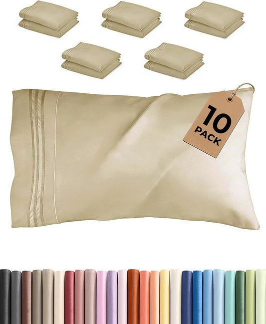 Queen Pillow Cases Set of 10 - Ultra Soft Hotel Quality Pillowcase Covers - Comfy & Wrinkle Free - Shrink, Stain and Fade Resistant - Easy-Care, Machine Washable Pillow Protectors - 10 Pcs Set - Beige