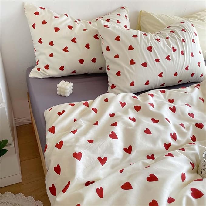 Nayoroom Heart Duvet Cover Full Size Cute Red Love Heart Printed on White Bedding Set 3Pcs Kids Girls Kawaii Heart-Shaped Pattern Comforter Cover with Zipper Closure Soft Breathable Microfiber