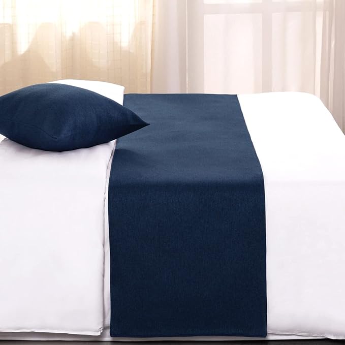 AMBERIS Bed Runner Dark Blue, Imitation Linen Decorative Bed Scarf for Home Hotel (Pillowcases Sold Separately)