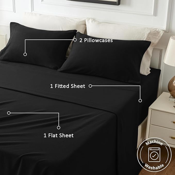 Love's cabin Fleece Queen Sheet Set - 4 Pcs Black Super Soft Plush Polar Fleece Bed Sheets Set with 16" Deep Pocket,Cozy Warmth for Cold Season(1 Flat Sheet,1 Fitted Sheet,2 Pillow Cases)