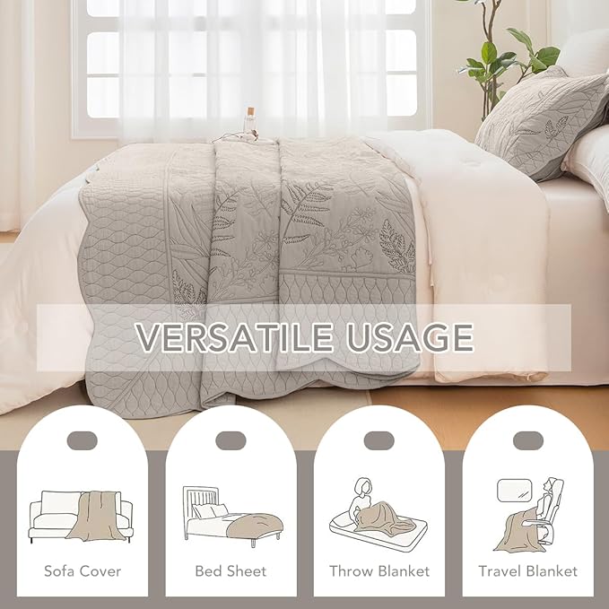 Lady Ann Oversized King Bedspread 120x120, Leaves Pattern Stitching Printed Quilt Set Soft & Lightweight Linen Feel Quilted Coverlet, 3 Pcs Extra Large Botanical Bedding Sets