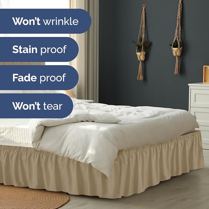 Wrap Around Dust Ruffle Bed Skirt - Beige - for Queen Size Beds with 15 Inch Drop - Easy Fit Elastic Strap - Adjustable Pleated Bedskirt w/Brushed Fabric - Wrinkle Free - for Women, Men, Kids & Teens