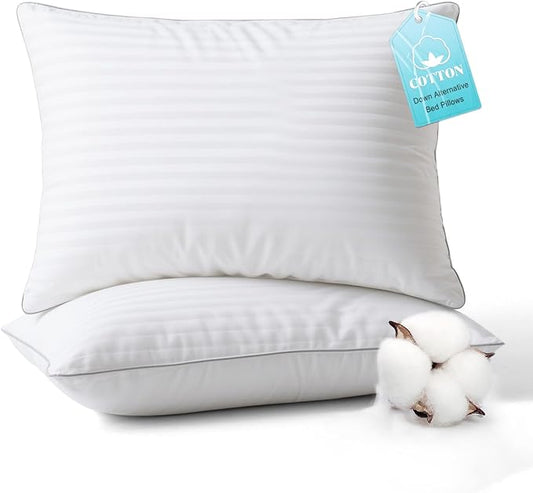 Bed Pillows Queen Size Set of 2-100% Cotton Cover, Down Alternative Gel Polyfill Filled, Flat Soft Medium Adjustable Hotel-Style Pillow Inserts, 20x30 Inch