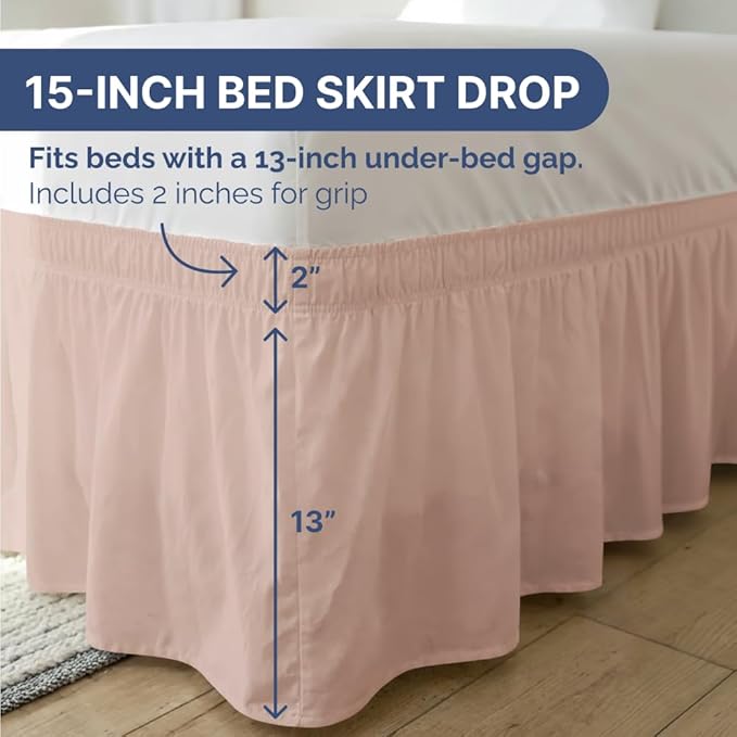 Wrap Around Dust Ruffle Bed Skirt - Mauve - for Queen Size Beds w/ 15 Inch Drop - Easy Fit Elastic Strap - Adjustable Pleated Bedskirt w/Brushed Fabric - Wrinkle Free - for Women, Men, Kids & Teens