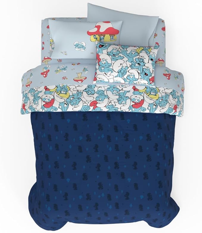 The Smurfs Kids Bedding Super Soft & Cozy Reverisble Microfiber Comforter and Sheet Set with Sham, 7 Piece Queen Size, (Officially Licensed Product) by Franco