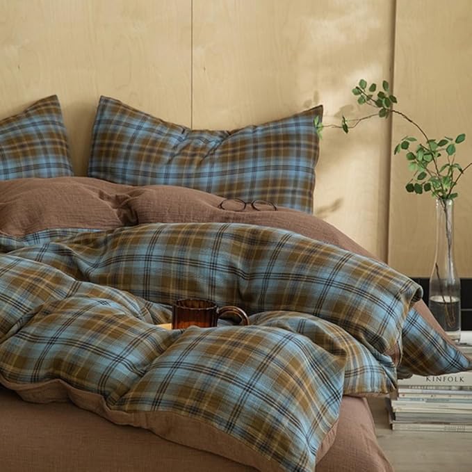 LifeTB Vintage Blue&Brown Plaid Duvet Cover Twin 100% Cotton Muslin Grid Checkered Plaid Bedding Set Breathable Soft Linen Like Gauze Comforter Cover Farmhouse Gingham Duvet Cover with Zipper Closure