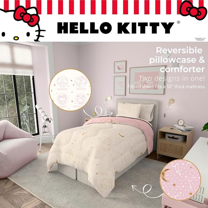 Lux Hello Kitty Velvet Bedding 5 Piece Super Soft Cozy Reversible Comforter and Sheet Set with Sham & Tote Bag, Twin, (Officially Licensed Product) by Franco