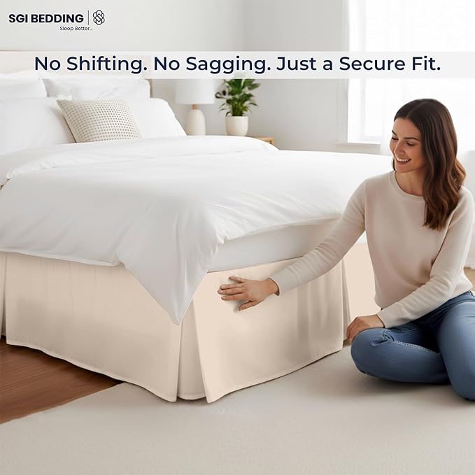 SGI bedding 13 inch Drop Bed Skirt Queen Size - Platform Style with Secure Fit, Classic Tailored Look, Elegant Pleated Style Dust Ruffle, Split Corners, Wrinkle Resistant Microfiber - Beige