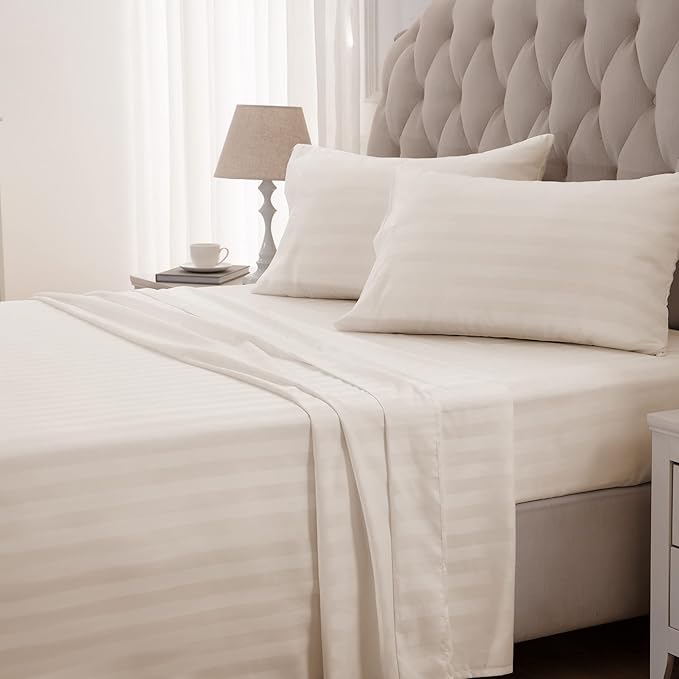 SLEEP ZONE Striped Cooling Sheets Set King Size - Fitted Flat Sheet & Pillowcase Sets 4 Piece - Super Soft Stripe Bed Sheet, Easy Care, Deep Pocket (Beige, King)