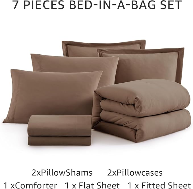 WRENSONGE Full Size Comforter Sets, 7 Pieces Soft Brown Bed in a Bag with Fitted Sheet, Flat Sheet, 2 Pillow Shams, 2 Pillowcases, Warm Bedding Sets for All Season