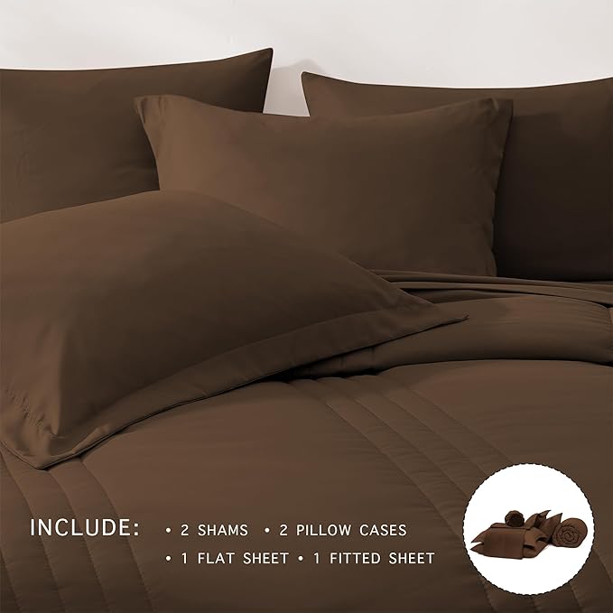 Monbix Queen Comforter Set - 7 Pieces Chocolate Brown Bed in a Bag Queen Size Bedding Sets with Comforters, All Seasons Comforter with Sheets, Pillowcases & Shams
