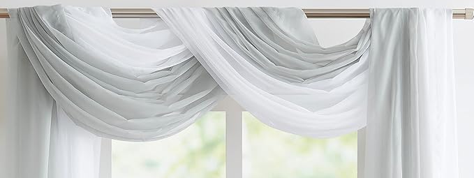 WARM HOME DESIGNS Double Window Scarves Bundle. Each White & Gray Silver Window Scarf Valance is 55" x 144". Great for Grey Room Decor, as Canopy Bed Curtains or Draping Fabric. AS White & Silver 144"