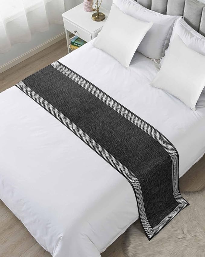 Greece Key Design Black White Bed Runners for Bedroom Hotel,Decorative Bedding Scarf Vintage Burlap Linen Bed End Blanket Bedding Runner Scarves for Full Size Bed,83x20in