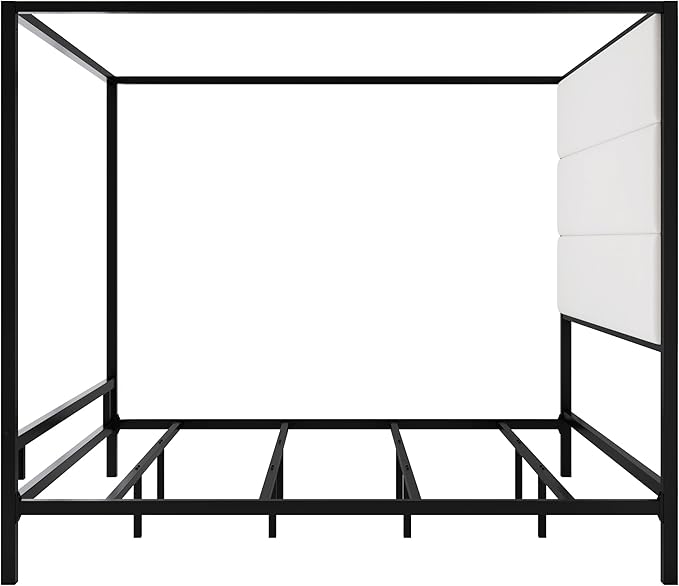 Merax King Size Modern Canopy Bed Frame, with Tall Linen Fabric Upholstered Headboard Metal 4-Poster, Box Spring Needed, Black + White