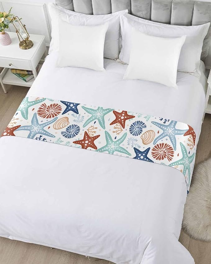 Blue Teal Khaki Coral Bed Runner for Full/ Queen Size Bed, Bedspread Protector Slipcover Bed Scarf for Foot Bed Runners & Scarves for Bedroom 83x20 Spring Summer Coastal Starfish Beach Nautical Conch