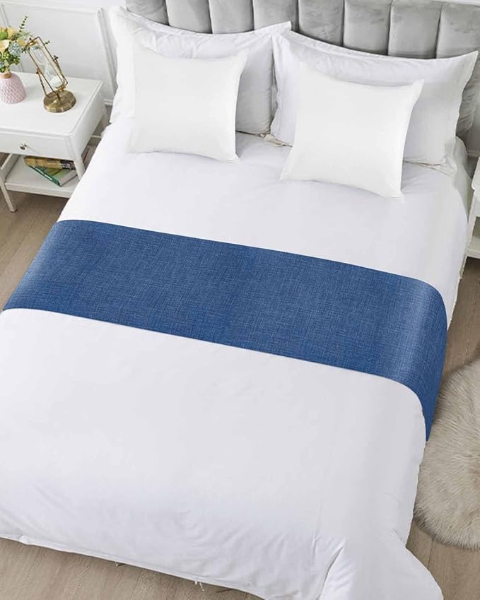 Retro Farm Linen Flax Bed Runners for Bedroom Hotel,Decorative Bedding Scarf Blue Solid Color Ocean Bed End Blanket Bedding Runner Scarves for Queen Size Bed,94x20in