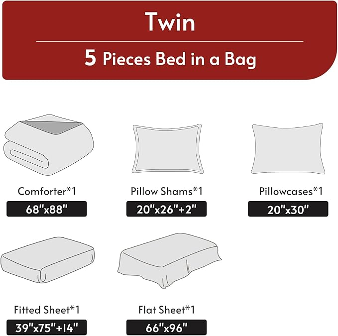 MUXHOMO 5 Pieces Twin Comforter Set, Reversible Bed in a Bag Twin Size, All Season Bedding Set with Comforter, Flat Sheet, Fitted Sheet, Pillowcases & Shams, Burgundy & Rose Gold