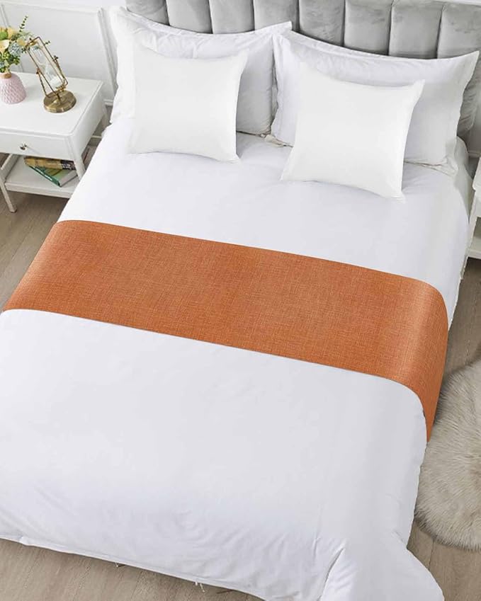 Vintage Orange Linen Burlap Bed Runners for Bedroom Hotel,Decorative Bedding Scarf Farm Fall Thanksgiving Bed End Blanket Bedding Runner Scarves for King Size Bed,102x20in