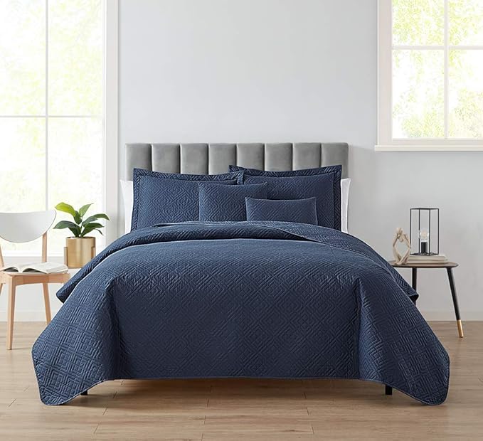 Hearth & Harbor Quilts King Size - All Season Bedspread Coverlet Set, Pinsonic Weave Lightweight Bedding Set - 7 Piece King Quilt Set with Pillow Shams, Diamond - Navy