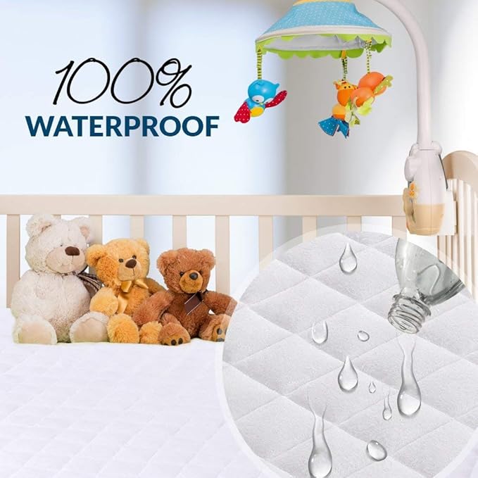 Crib Mattress Protector 100% Waterproof, Noiseless – Viscose Made from Quilted Ultra Soft White Terry Fitted Sheet Style (28"x49")