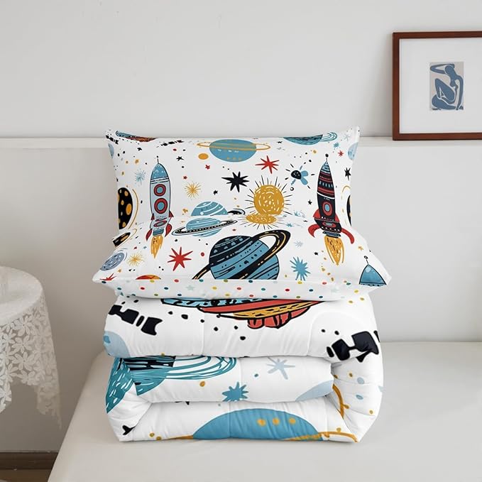 Erosebridal Outer Space Bedding Set King Size Kids Boys Space Ship Rocket Comforter Set Cartoon Universe Stars Planet Down Comforter Cosmos Meteorite Quilt Duvet Set with 2 Pillow Cases