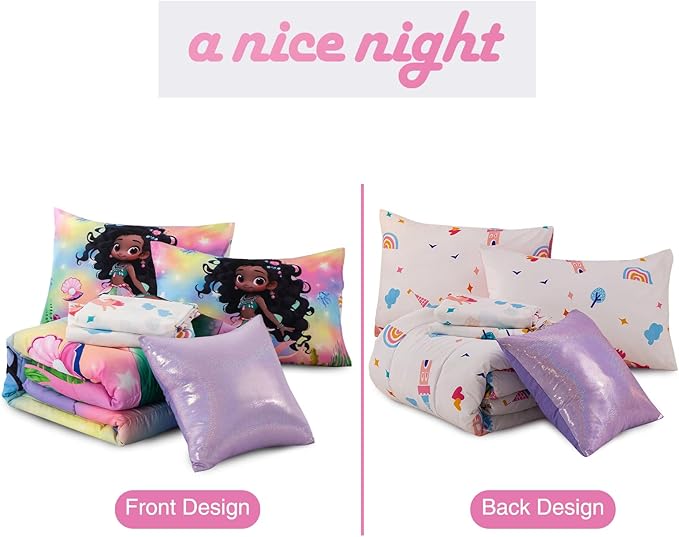 A Nice Night 6pcs Comforter Set,Black Girl Princess Mermaid with Green Tail Printed,Pink Gradient Glitter Rainbow Background Kids Bedding Set,Twin