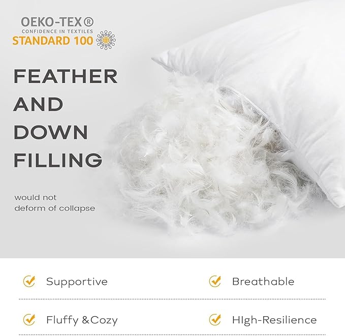 SAVORI Set of 2 Down and Feather Throw Pillow Inserts 30x30 Soft Fluffy Pillow Inserts with 100% Down-Proof Cotton Cover, Decorative Square Cushion Inner for Sofa Couch Bed-White