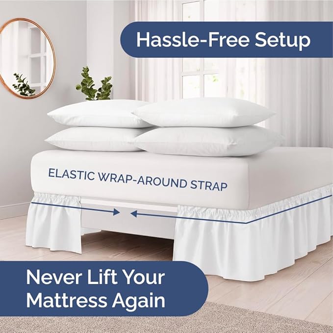Wrap Around Dust Ruffle Bed Skirt - White - for Queen Size Beds with 21 Inch Drop - Easy Fit Elastic Strap - Adjustable Pleated Bedskirt w/Brushed Fabric - Wrinkle Free - for Women, Men, Kids & Teens