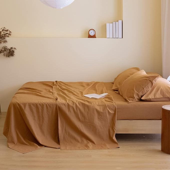 Simple&Opulence Belgian Linen Sheet Set Solid Color - 6 Pieces (1 Flat Sheet & 1 Fitted Sheet & 4 Pillowcases) 16" Deep Pocket Natural Flax Cotton Blended Soft Bedding - Rust, California King