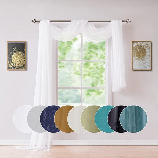 Long Length 56" (W) x 216" (L) White Sheer Window Scarf. Voile Window Treatments are Perfect As Valance Scarves, Canopy Bed Scarf Or Wedding Decoration. AMA 56" x 216" White