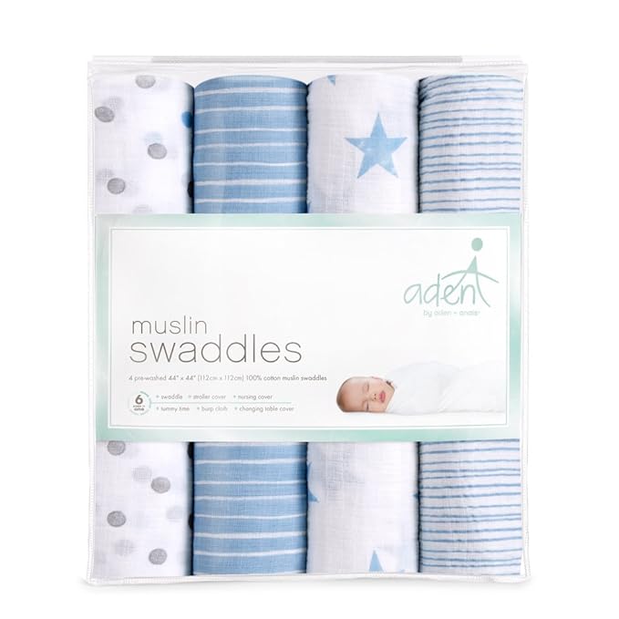 aden + anais Essentials Muslin Swaddle Blankets for Baby Girls and Boys, Newborn Receiving Blanket for Swaddling, 100% Cotton Baby Swaddle Wrap, 4 Pack, Dapper