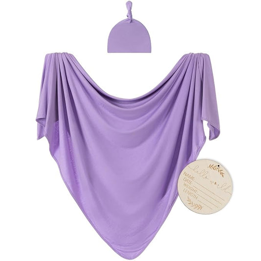 Large Jersey Knitted Swaddle Blanket for Baby, Soft Stretchy Receiving Blanket for Newborns with Hat, Baby Nursery Swaddle 47 x 47 inches(Lavender)