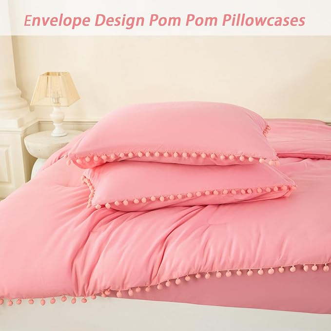 PERFEMET Coral Pink Comforter Set Twin Size 5 Pieces Pom Pom Fringe Solid Bedding Set for Girls Kids Bedroom Soft Fluffy Down Alternative Boho Bed in a Bag with Sheets(Coral Pink, Twin)
