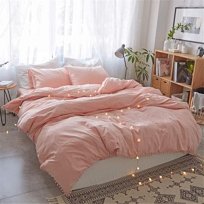 TanNicoor Pom Fringe Duvet Cover Set - 2 Piece Natural Ultra SOFE Color Washed Microfiber Bedding Set, Modern Style Down Comforter Quilt Cover with Zipper Closure(Full, Pink)