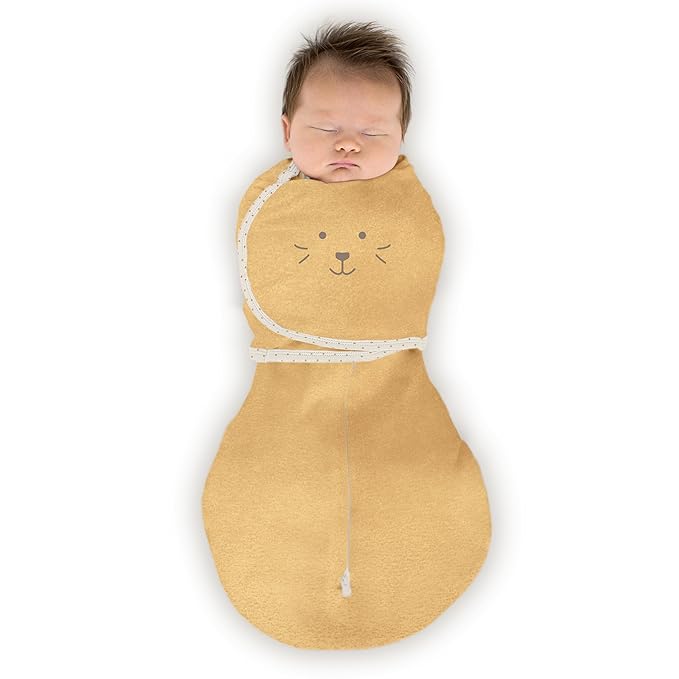 SwaddleDesigns 6-Way Omni Swaddle Sack, Arms Up Swaddle for Newborn, More Options to Calm Startle Reflex, Improves Sleep, 12-18 lbs, Heathered Gold, Cute Animal Face