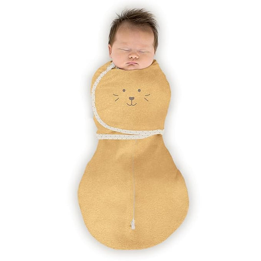 SwaddleDesigns 6-Way Omni Swaddle Sack, Arms Up Swaddle for Newborn, More Options to Calm Startle Reflex, Improves Sleep, 12-18 lbs, Heathered Gold, Cute Animal Face