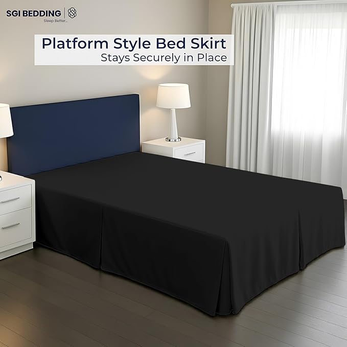 SGI Bedding 9 inch Drop Bed Skirt Cal King Size - Platform Style with Secure Fit, Classic Tailored Look, Elegant Pleated Style Dust Ruffle, Split Corners, Wrinkle Resistant Microfiber - Black