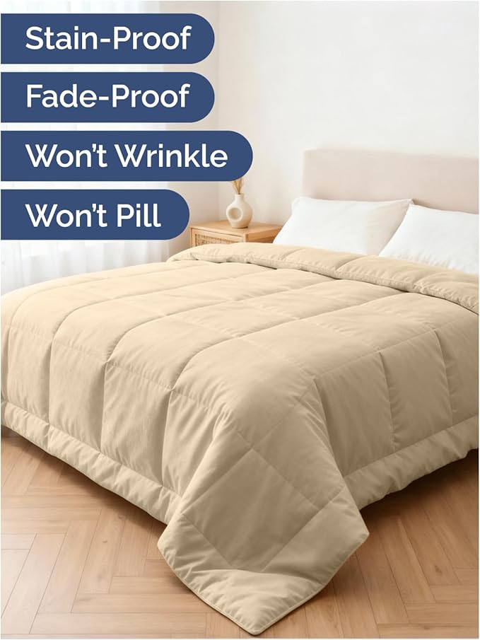Queen Size, Beige Alternative Down Comforter - Warm, Lightweight & Breathable Hotel Quality Bedding Set for Men, Women, Kids & Teens - All Season Oversized Cooling Microfiber Duvet Insert Comforter