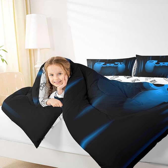 Feelyou Boys Gamer Comforter Set Twin Size Bedding Set for Kids Gaming Comforter Blue Black Video Games Gamepad Room Decor for Teens Child Super Soft Geometric Duvet Quilted Son Grandson Gift
