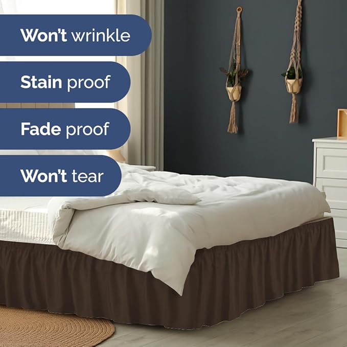 Wrap Around Dust Ruffle Bed Skirt - Brown - for Full Size Beds with 21 Inch Drop - Easy Fit Elastic Strap - Adjustable Pleated Bedskirt w/Brushed Fabric - Wrinkle Free - for Women, Men, Kids & Teens