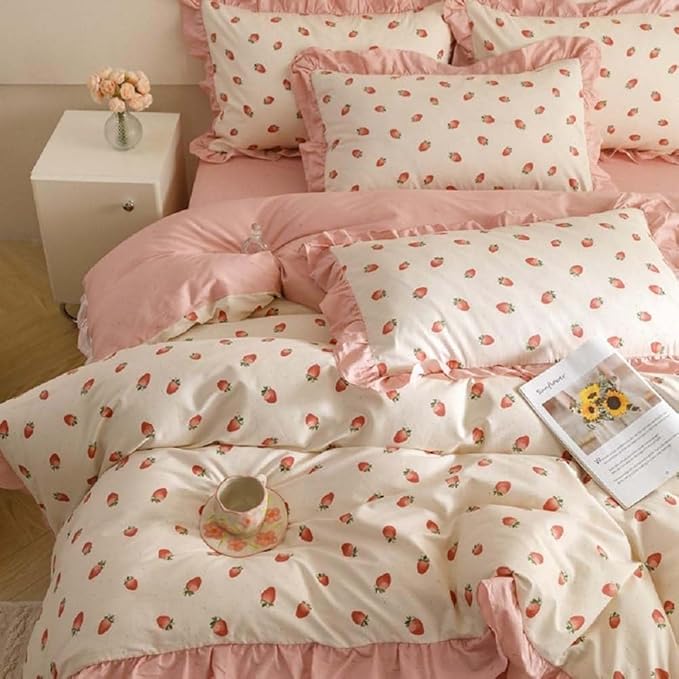 Nayoroom Ruffle Duvet Cover Twin Size Pink Strawberry Printed on White Ruffled Bedding Set 2Pcs Reversible Kids Girls Cute Kawaii Coquette Comforter Cover Soft Lightweight Microfiber