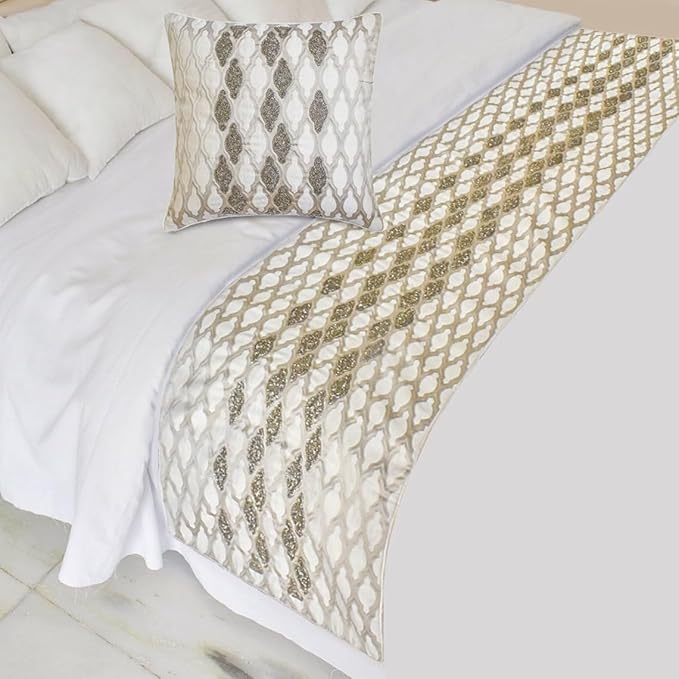 The HomeCentric King/Queen/Twin Ivory Decorative King 90"x18" Bed Runner with Two Pillow Cover, Bead Hand Embroidery Bed Scarf on Jacquard Fabric - Priscilla Dazzle