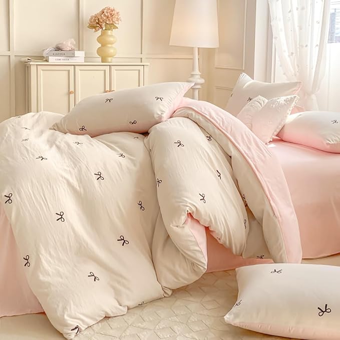 Nayoroom Bow Duvet Cover Queen Size Reversible Pink Coquette Duvet Cover 3 Pieces Soft Lightweight Microfiber Kids Girls Cute Aesthetic Dorm Bedding Set, White/Pink