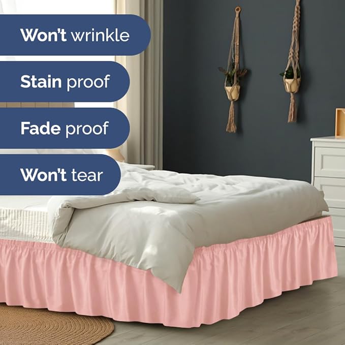 Wrap Around Dust Ruffle Bed Skirt - Baby Pink - Full Size Beds w/ 15 Inch Drop - Easy Fit Elastic Strap - Adjustable Pleated Bedskirt w/Brushed Fabric - Wrinkle Free - Women, Men, Kids & Teens