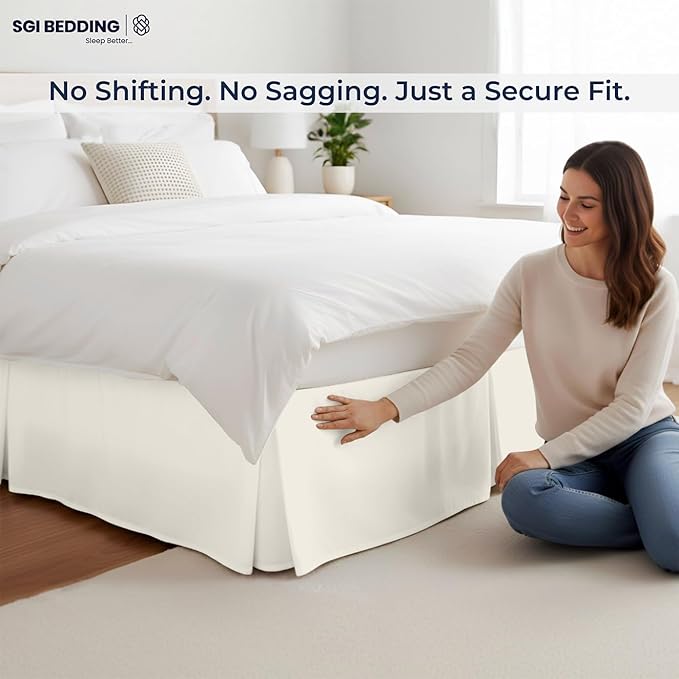 SGI bedding 17 inch Drop Bed Skirt Queen Size - Platform Style with Secure Fit, Classic Tailored Look, Elegant Pleated Style Dust Ruffle, Split Corners, Wrinkle Resistant Microfiber - Ivory
