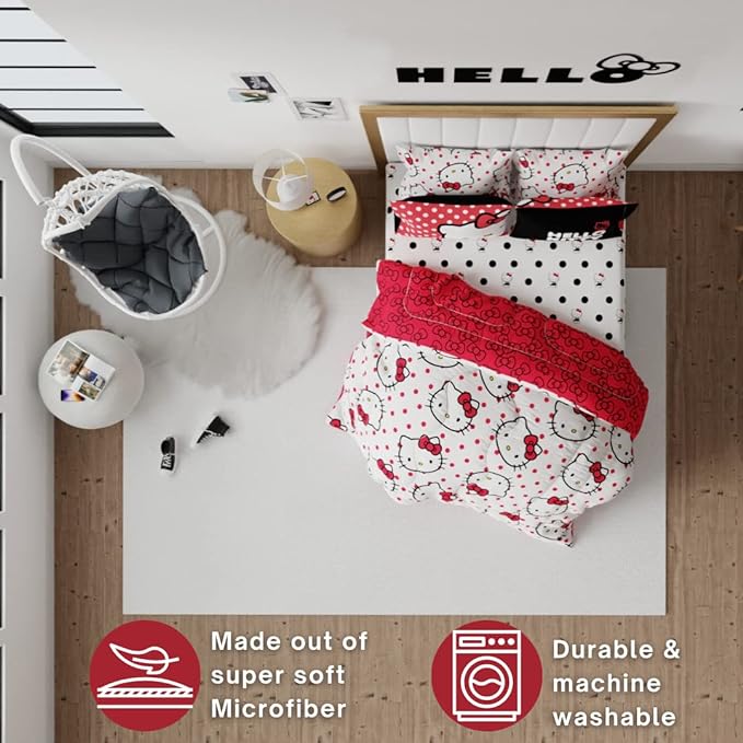 Franco Collectibles Hello Kitty Polka Dot Bedding 7 Piece Super Soft Comforter and Sheet Set with Sham, Queen, (Official Licensed Product)
